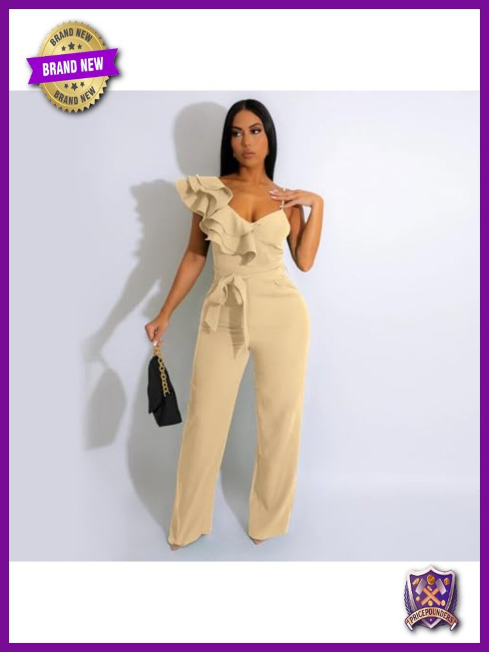 Ruffle One Shoulder Jumpsuit with Pockets, Wide Leg, Adjustable Strap, V-Neck, - Picture 2 of 6